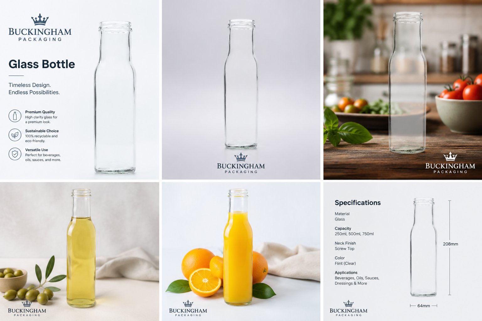 250ml Round Flint Glass Sauce Bottles — Trade Pack with Caps
