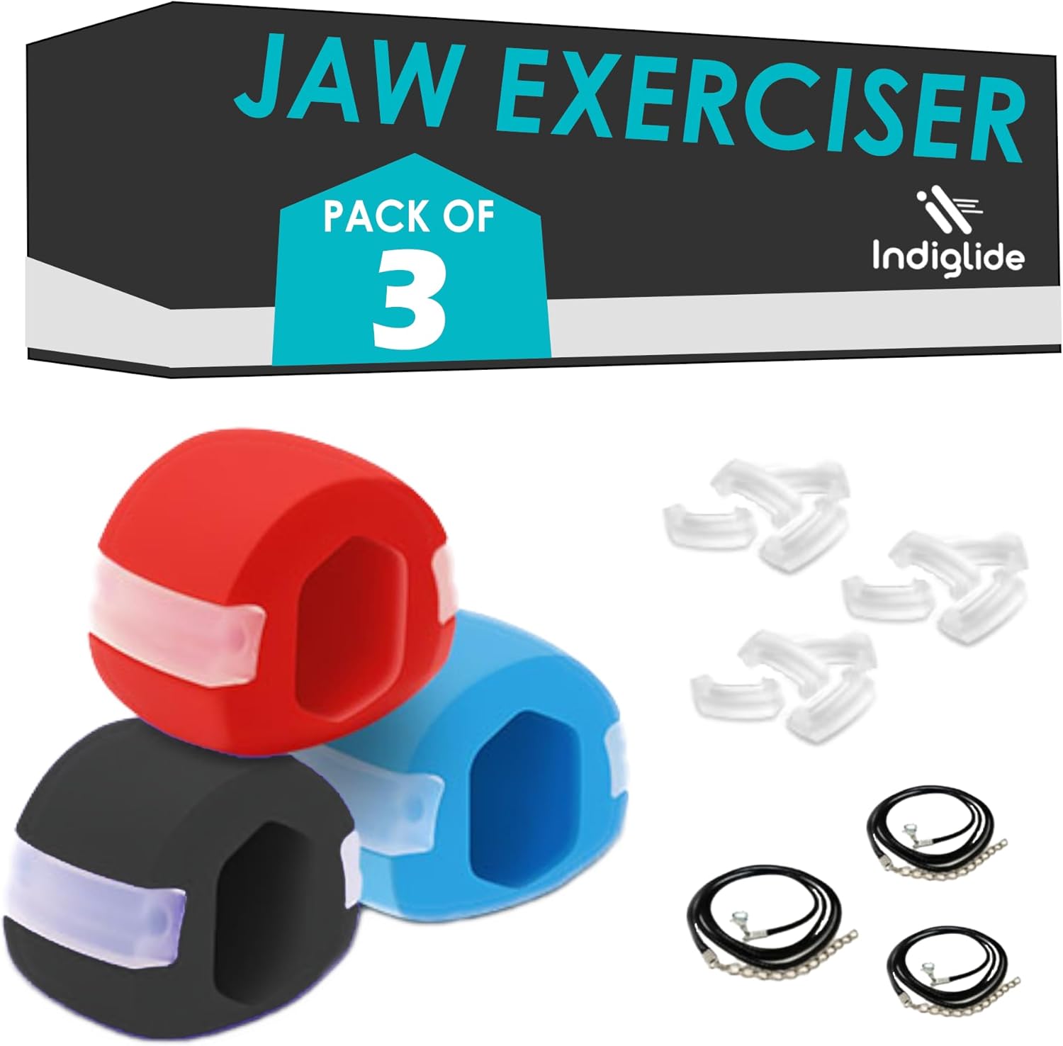 Jaw Exerciser, Jawline Exerciser Chew with Three Levels of Resistance - Jaw Trainer - Jaw Shark for Men & Women - Pack of 3 with FREE 6 Extra Biting Strips & 3 Necklaces