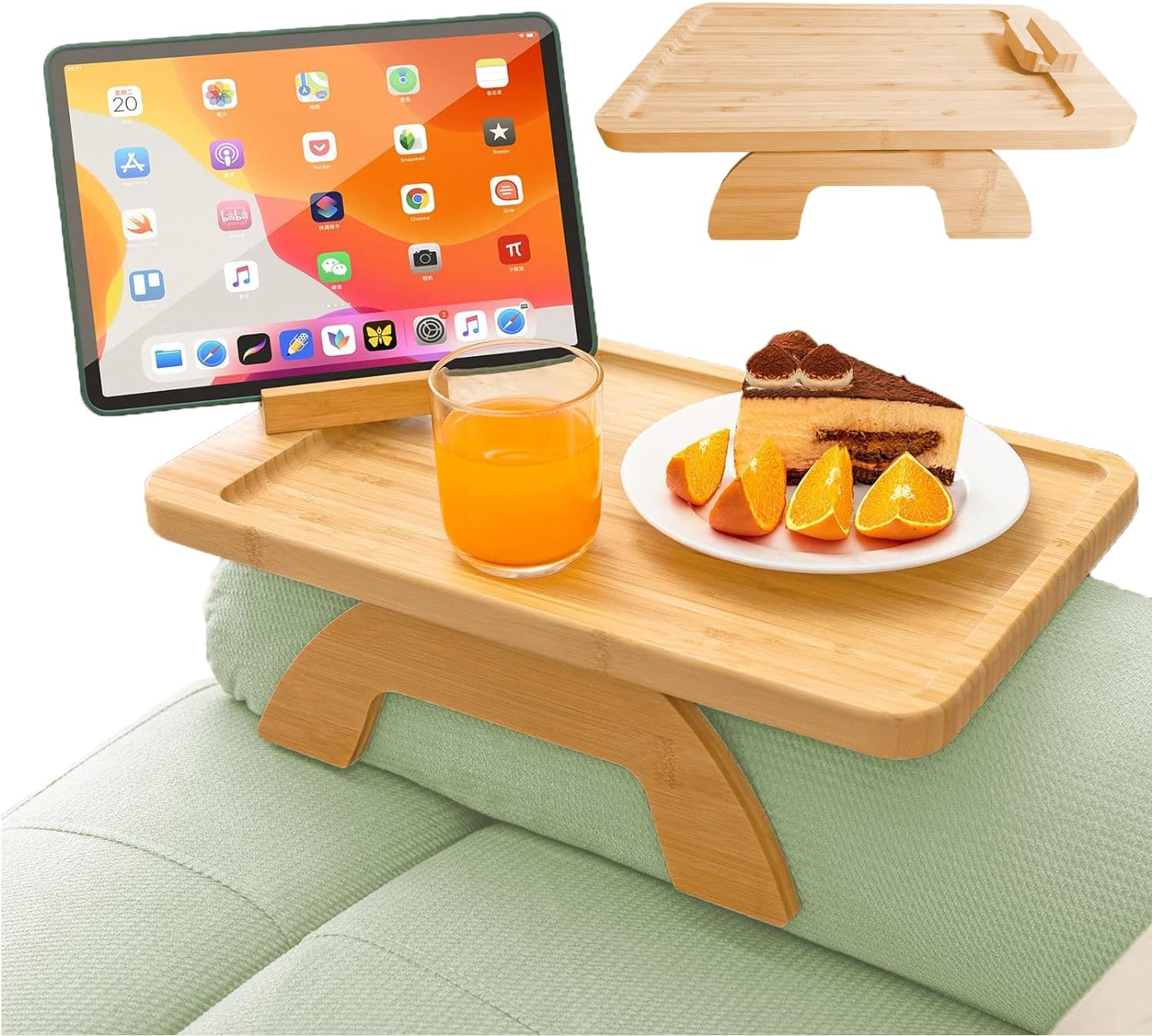 Sofa Arm Tray Table with 360 Rotating Phone Bracket, Non-Slippery Wooden Sofa Tray for Magazine, Remote, Drinks & Snacks, Foldable Sofa Table for TV Dinners, Bamboo Couch Cup Holder